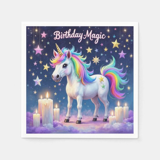 Whimsikisches Einhorn mit Regenbogen Birthday Magi Serviette (Vorderseite)