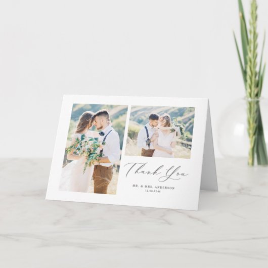 Whimsikkalligrafie Grau Foto Collage Hochzeit Dankeskarte (Vorderseite)