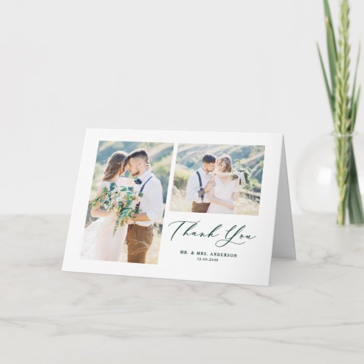 Whimsikkalligrafie Grüne Foto Collage Hochzeit Dankeskarte (Vorderseite)
