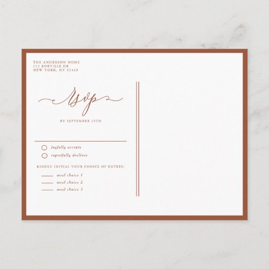 Whimsikkalligrafie Terracotta Wedding Einladungspostkarte (Rückseite)
