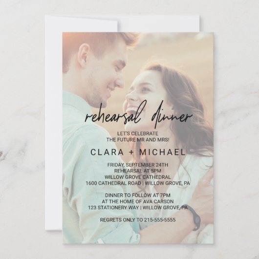 Whimsikkalligrafie verblasste Foto Probe Abendesse Einladung (Vorderseite)