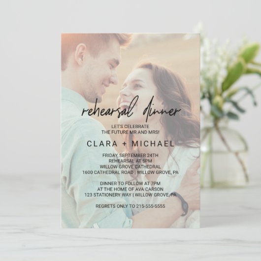 Whimsikkalligrafie verblasste Foto Probe Abendesse Einladung (Stehend Vorderseite)