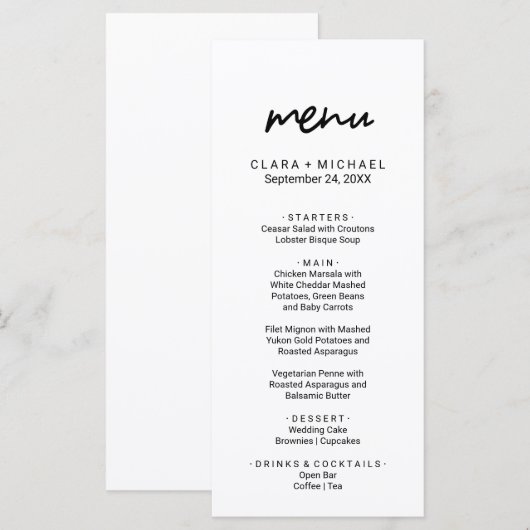 Whimsikkalligraphie Dinner Menu Card Menükarte (Vorne/Hinten)