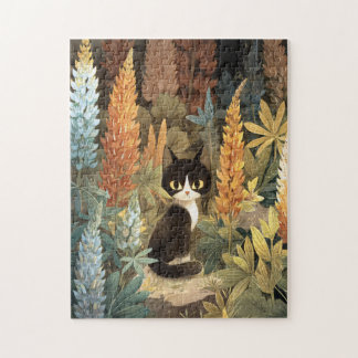 Whimsikkat sitzend zwischen lebendigen Lupine-Blum Puzzle
