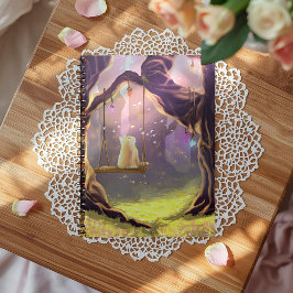 Whimsikkatze auf einem Swing-Notebook Notizblock