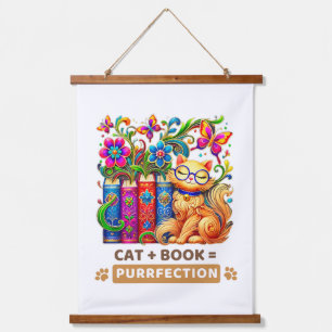 Whimsikkatze mit Büchern und Schmetterlingen Wandteppich Mit Holzrahmen