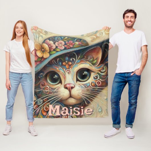 Whimsikkatze mit einem Personalisierten Hutfloral Fleecedecke (Beispiel)