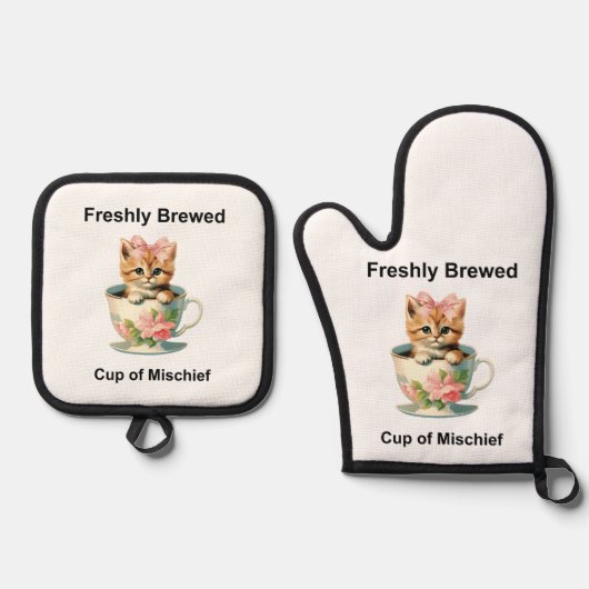 Whimsikkatze Ofenhandschuh & Topflappen-Set (Vorderseite)