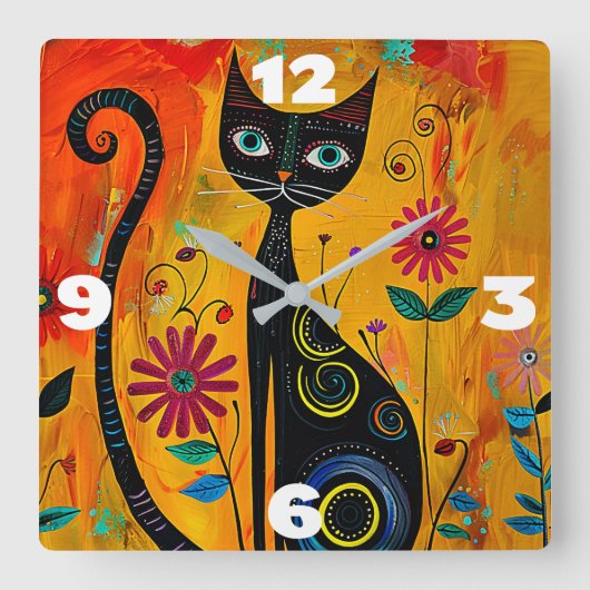 Whimsikkatze Quadratische Wanduhr (Vorderseite)