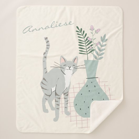 Whimsikkatze und Pflanze Sage Green Personalisiert Sherpadecke (Vorderseite)