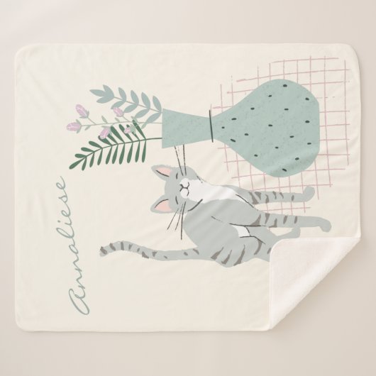 Whimsikkatze und Pflanze Sage Green Personalisiert Sherpadecke (Vorderseite (Horizontal))