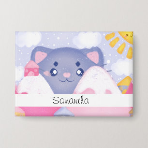 Whimsikkatze und Wintergebirge mit Niedlicher Sonn Button