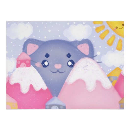 Whimsikkatze und Wintergebirge mit Niedlicher Sonn Poster (Vorderseite)