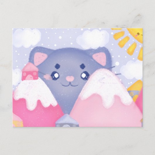 Whimsikkatze und Wintergebirge mit Niedlicher Sonn Postkarte (Vorderseite)