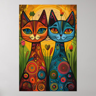 Whimsikkatzen in Harmonie: farbenfrohe Kunst des V Poster