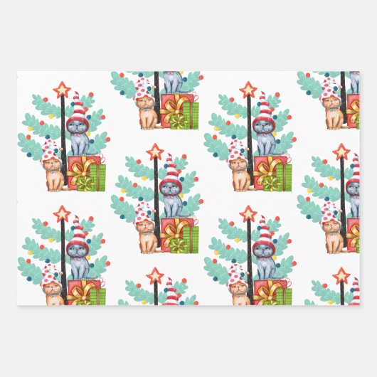 Whimsikkatzen in Hasen und Weihnachtsmuster Geschenkpapier Set (Vorderseite)
