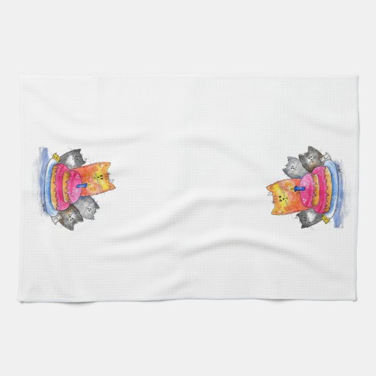 Whimsikkatzen mit Geburtstagskuchen Geschirrtuch (Horizontal)