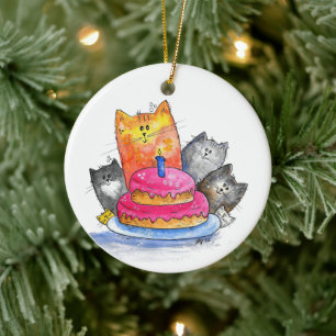 Whimsikkatzen mit Geburtstagskuchen Keramik Ornament