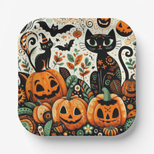 Whimsikkatzen, Pumpkins und Fledermäuse Pappteller