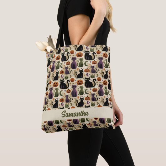 Whimsikkatzen und Halloween-Kürbis Tasche (Von Nahem)