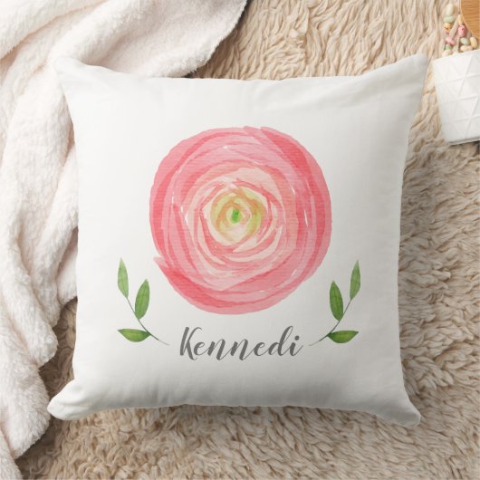 Whimsikrosa Aquarellfarbe Rose mit Namen Kissen (Decke)