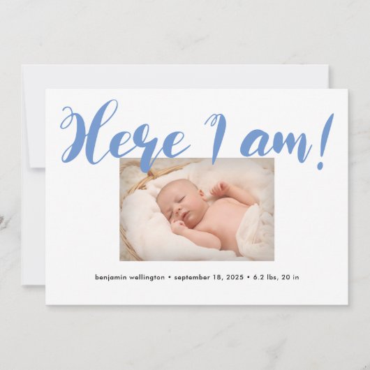 Whimsikskript Hier bin ich Blue Boy Birth Ankündigung (Vorderseite)