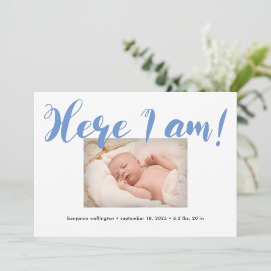 Whimsikskript Hier bin ich Blue Boy Birth Ankündigung (Stehend Vorderseite)