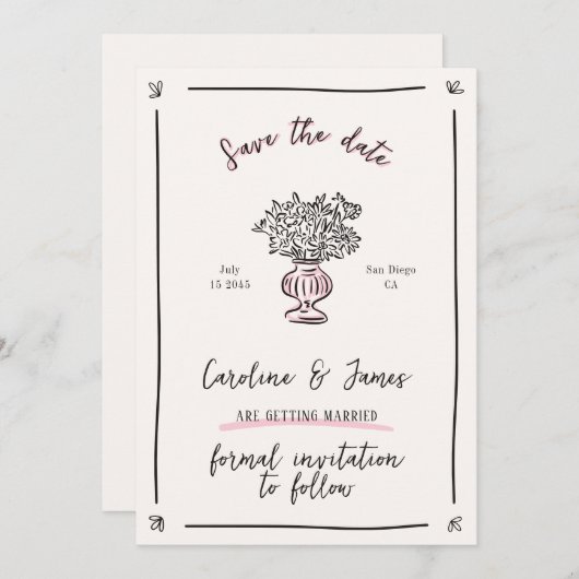 Whimsikum, handgezeichnete Blume Save the Date Einladung (Vorne/Hinten)