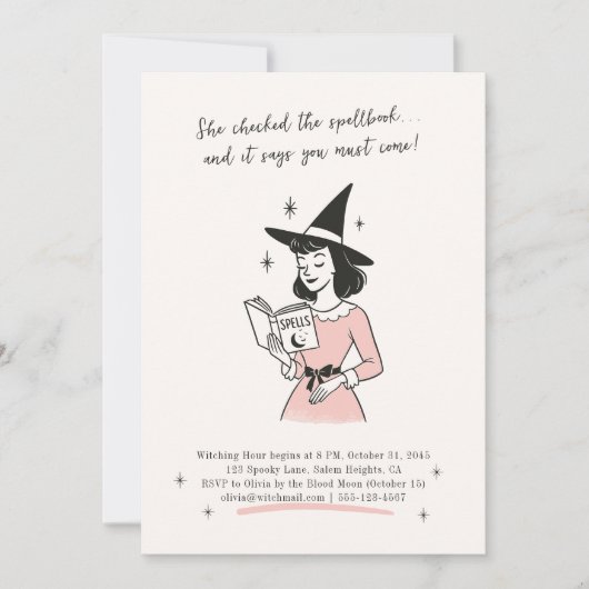 Whimsikum | Retro Spellbook Hexe Halloween-Party Einladung (Vorderseite)