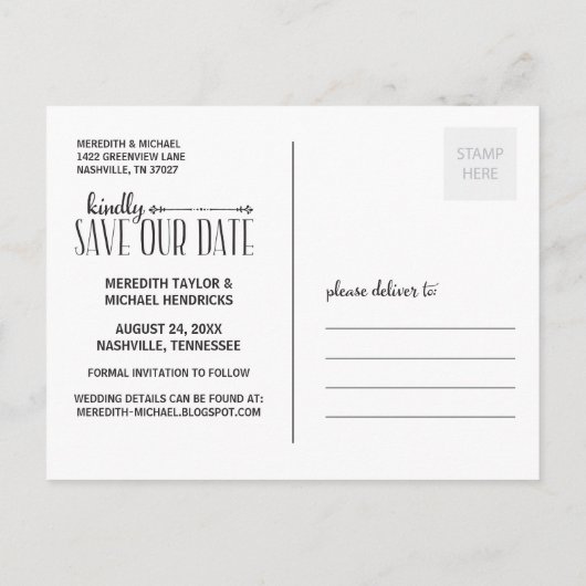 Whimsikum rustikal Save the Date Ankündigungspostkarte (Rückseite)