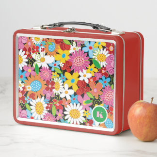 Whimsisch farbige Frühlingsblumen Garten Monogramm Metall Brotdose