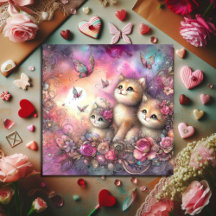 Whimsisch Pink Lila Wasserfarbe Kätzchen Valentine