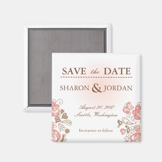 Whimsisch rosa Blume und Vögel Save the Date Magnet (Vorderseite/Rückseite)