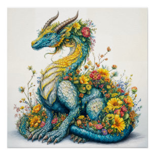 Whimsische Blumen-Drachen-Kunst Poster