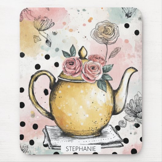 Whimsische Blumenteekanne – gemütliches Cottagecor Mousepad (Vorne)