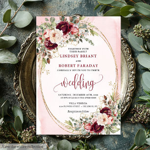 Whimsische Boho-Tiefrot-Gold-Blumen-Hochzeitseinla Einladung