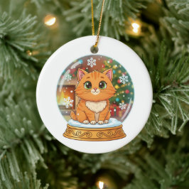 Whimsische Cartoon-Katze in Schneekugel Weihnachte Keramik Ornament