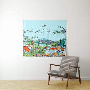 Whimsische Dorf Landschaft Illustration Wandteppich