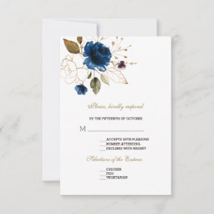 Whimsische elegante blaue goldene Blumenhochzeit R RSVP Karte