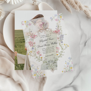 Whimsische elegante Rokoko-Blumen-Wappen-Hochzeit Pergament Einladungen