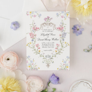 Whimsische elegante Rokoko-Blumenwappen-Hochzeit Einladung