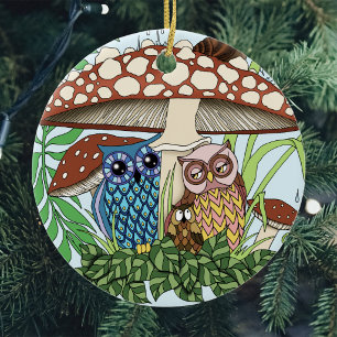 Whimsische Eulenfamilie Regnerischer Wald Pilz Bla Keramikornament