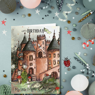 Whimsische Fantasy-Drache-und-Burg-Geburtstagskart Feiertagskarte