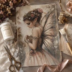 Whimsische Fee mit rosa Rosen Decoupage-Kunst Seidenpapier