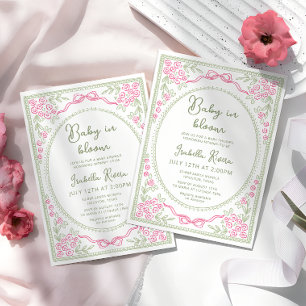 Whimsische florale Babyparty Rosa und Grün  Einladung