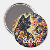 Whimsische florale schwarze Katze Kitty personalis Magnet (Vorderseite/Rückseite)