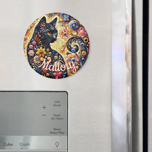 Whimsische florale schwarze Katze Kitty personalis Magnet (In Situ (Kühlschrank))