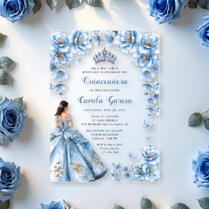 Whimsische Florale Staubblaue Tiara Quinceañera Acryleinladungen