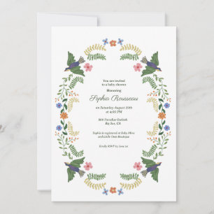 Whimsische Florale Vögel Baby Shower Einladung