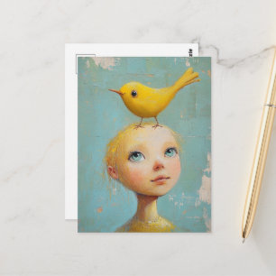 Whimsische Frau mit gelbem Vogel auf dem Kopf Postkarte